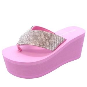 Wild Diva Heat Pink Y2K Rhinestone Embellished Ultra Platform Wedge Sandals